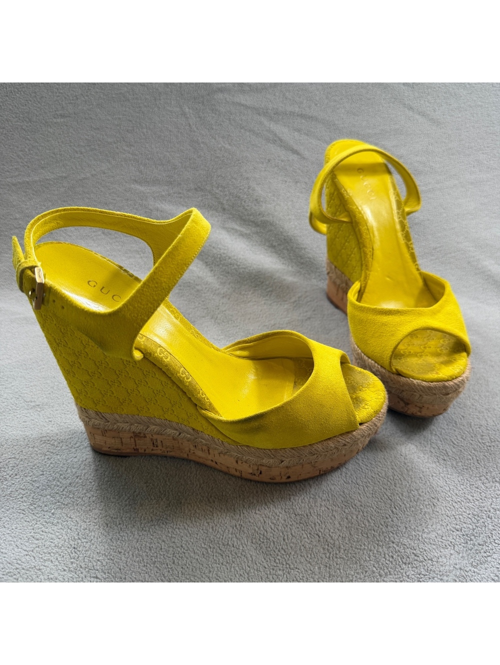 Gucci Microguccissima Yellow Suede Espadrille Platform Wedge Sandals 36.5 - Picture 5 of 13